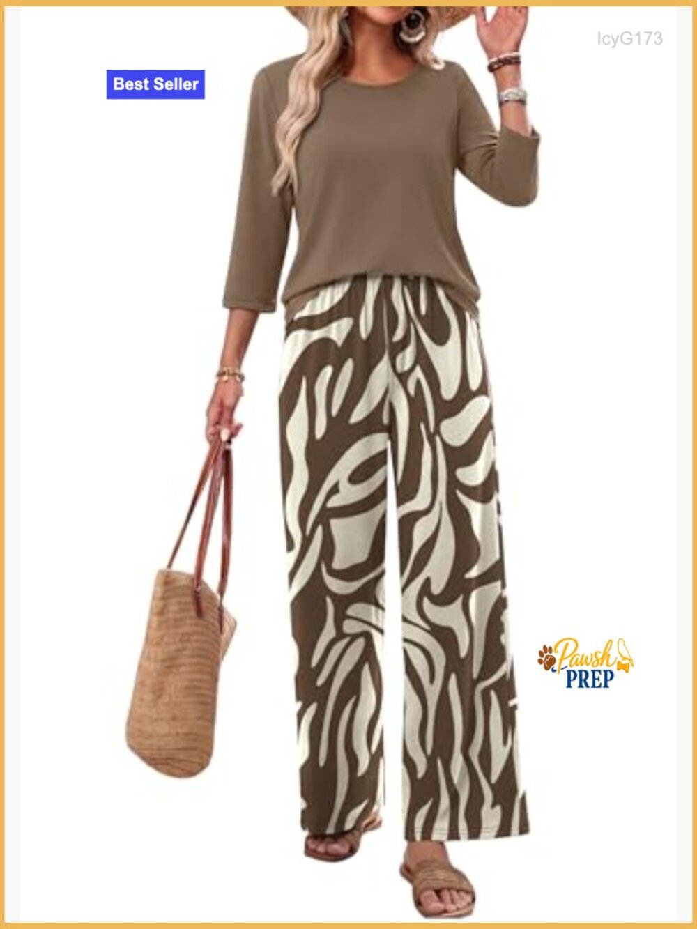 Two Piece Lounge Set with Pockets 3/4 Sleeve Top and Printed Pants - Picture 3 of 7